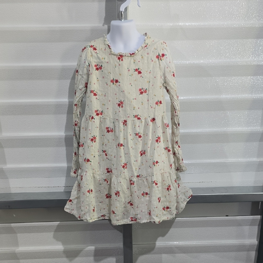 Cat & Jack Cream Red Floral Bishop Long  Sleeve‎ Dress Size 7/8